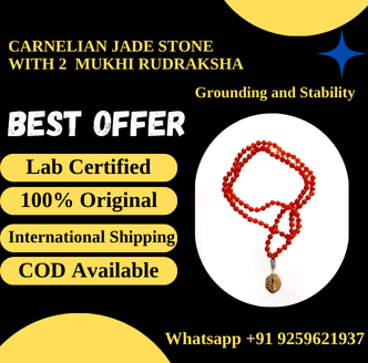 Carnelian Jade and 2 Mukhi Rudraksha Mala: Healing beads for meditation