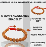 5 Mukhi adjustable Rudraksha bracelet, promoting peace, health, and well-being
