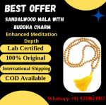 Natural Sandalwood Mala with Buddha Charm - 108+1 beads, 8 mm, soothing aroma and spiritual significance